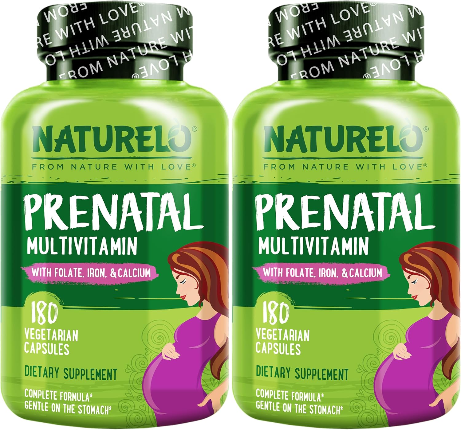 NATURELO Prenatal Multivitamin with Gentle Chelated Iron, Methyl Folate, Plant Calcium & Choline - Vegan, Vegetarian - Non-GMO - Gluten Free - 180 Capsules - 4 Month Supply (Pack of 2)