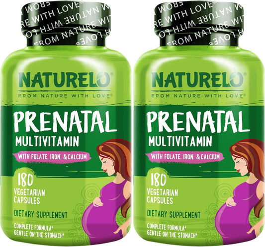 NATURELO Prenatal Multivitamin with Gentle Chelated Iron, Methyl Folate, Plant Calcium & Choline - Vegan, Vegetarian - Non-GMO - Gluten Free - 180 Capsules - 4 Month Supply (Pack of 2)