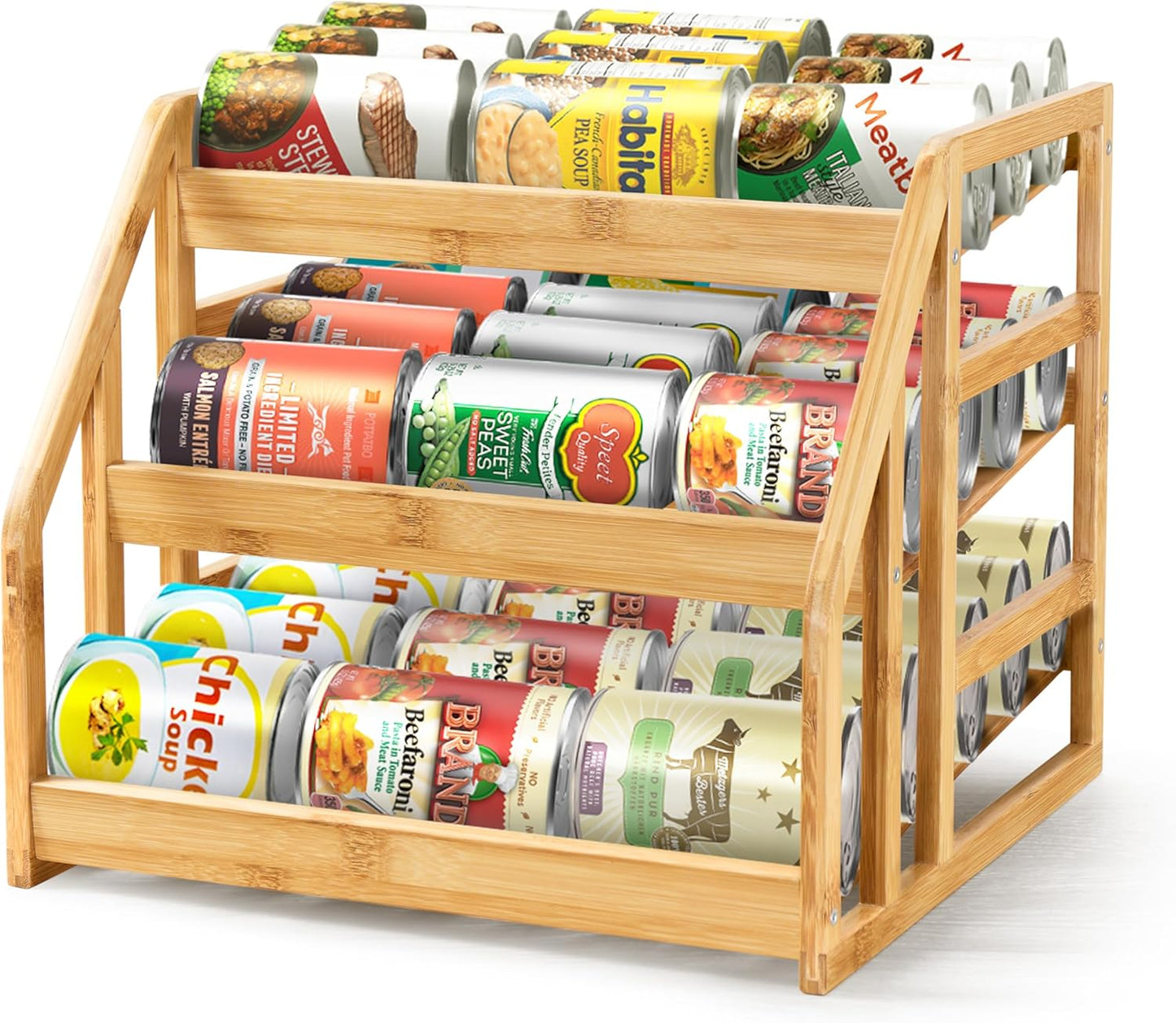 HOMESTEAD 3-Tier Bamboo Pantry Can Organizers - 36 Cans Dispenser Rack, Flexible Dividers, Canned Goods Organizer For Pantry Shelves & Kitchen Storage Organization