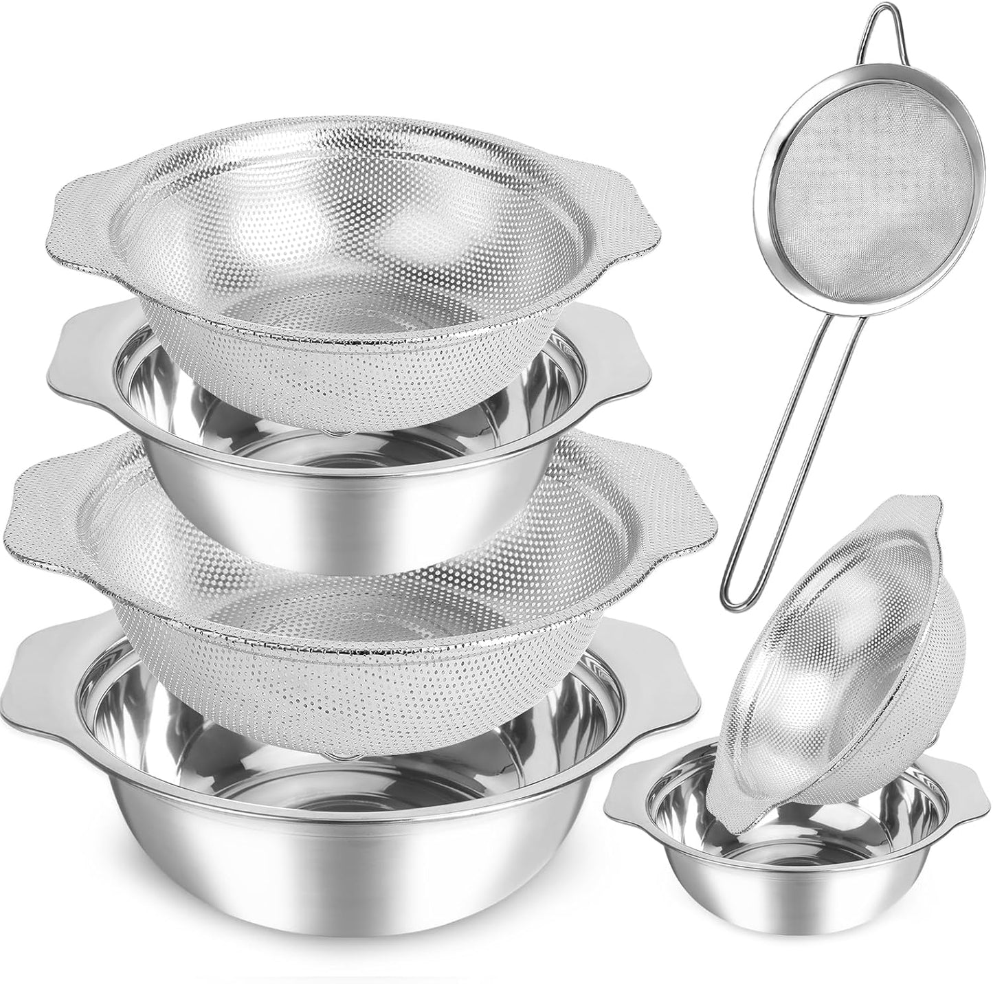 Rice Washer Strainer Bowl,7 Pcs Stainless Steel Colander Set,3QT\/4QT\/5QT Rice Washer Strainer with Mixing Bowl,Mesh Strainer for Washing and Draining Vegetables, Fruit, Rice, Pasta,Dishwasher Safe