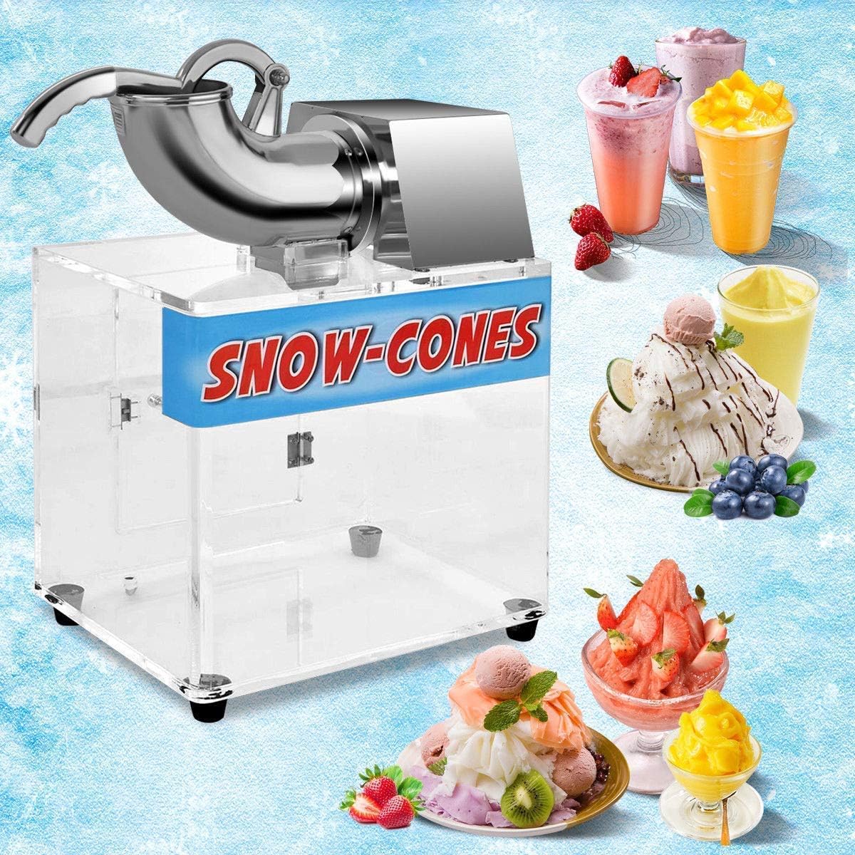ReunionG Snow Cone Machine, Commercial Ice Shaver Machine w/Large Acrylic Box, 440lbs/H Stainless Steel Electric Shaved Ice Maker w/Dual Blades & Safety Switch for Home, Restaurants, Bars