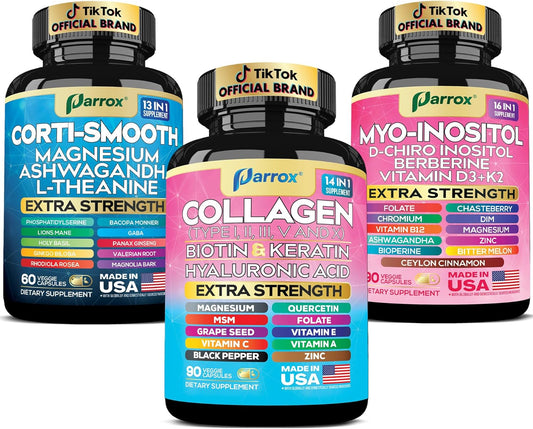She Shines Set, Collagen Peptides Types I, II, III, V, X, Biotin, Keratin, Myo Inositol, D-Chiro Inositol, DIM, Vitex, Berberine, Cortisol Support, Magnesium, Ashwagandha, L-Theanine Lions Mane