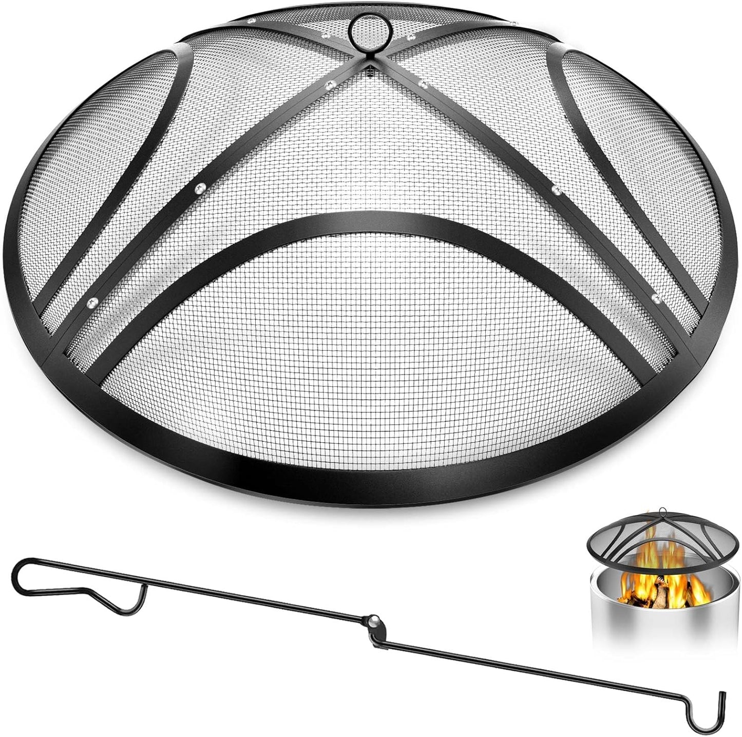 Fire Pit Spark Screen, Upgraded 36 Inch Outdoor Fire Pit Screen with Handle & Poker, Heavy-Duty Steel Fire Pit Cover Round Mesh Replacement Firepit Screen for Backyard\/Beach\/RV Camping