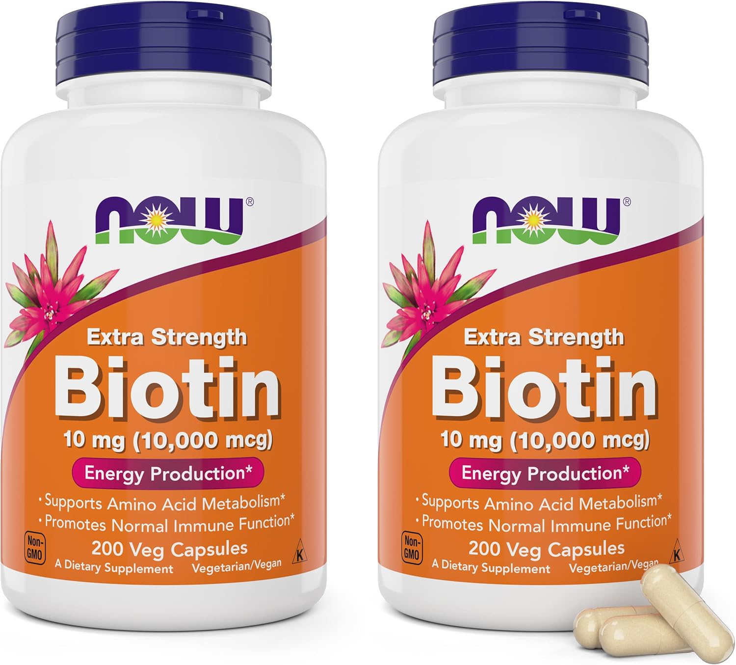 NOW Foods Extra Strength Biotin 10,000mcg \/ 10 mg - 200 Veg Capsules (Pack of 2) - Hair, Skin, Nail - Supplement for Men and Women - B7 Vitamin - Vegetarian, Vegan, Non-GMO