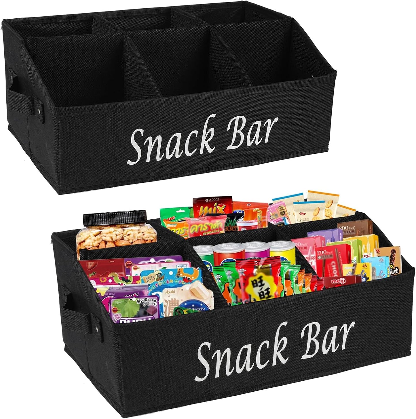 Xbopetda 2 Pack Snack Organizer for Countertop With Handles - 6 Compartment Box Basket, Bar Station, Kitchen Cabinet Pantry Storage - Black
