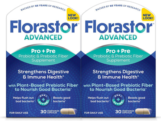 Florastor Select Pro+Pre Daily Probiotic and Prebiotic Supplement for Women and Men, Boosts Good Bacteria, Saccharomyces Boulardii CNCM I-745 (30 Capsules) (Pack of 2)
