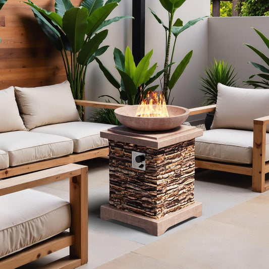 SUNBURY Outdoor Propane Fire Pit, Gas Fire Pit for Outside Patio, Stone Outdoor Fire Table Fire Column 40,000 BTU Propane Fire Tables Firepit Table w Lava Rocks, CSA Certified, Waterproof Cover