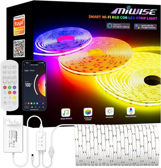 MIWISE RGB COB LED Strip Light,Color Changing LED Strip Lights Compatible with Alexa\/Google,24V Music Sync Bright Flexible LED Tape Lighting for Bedroom,Kitchen,Bar,Under Cabinets,DIY Decoration,20ft