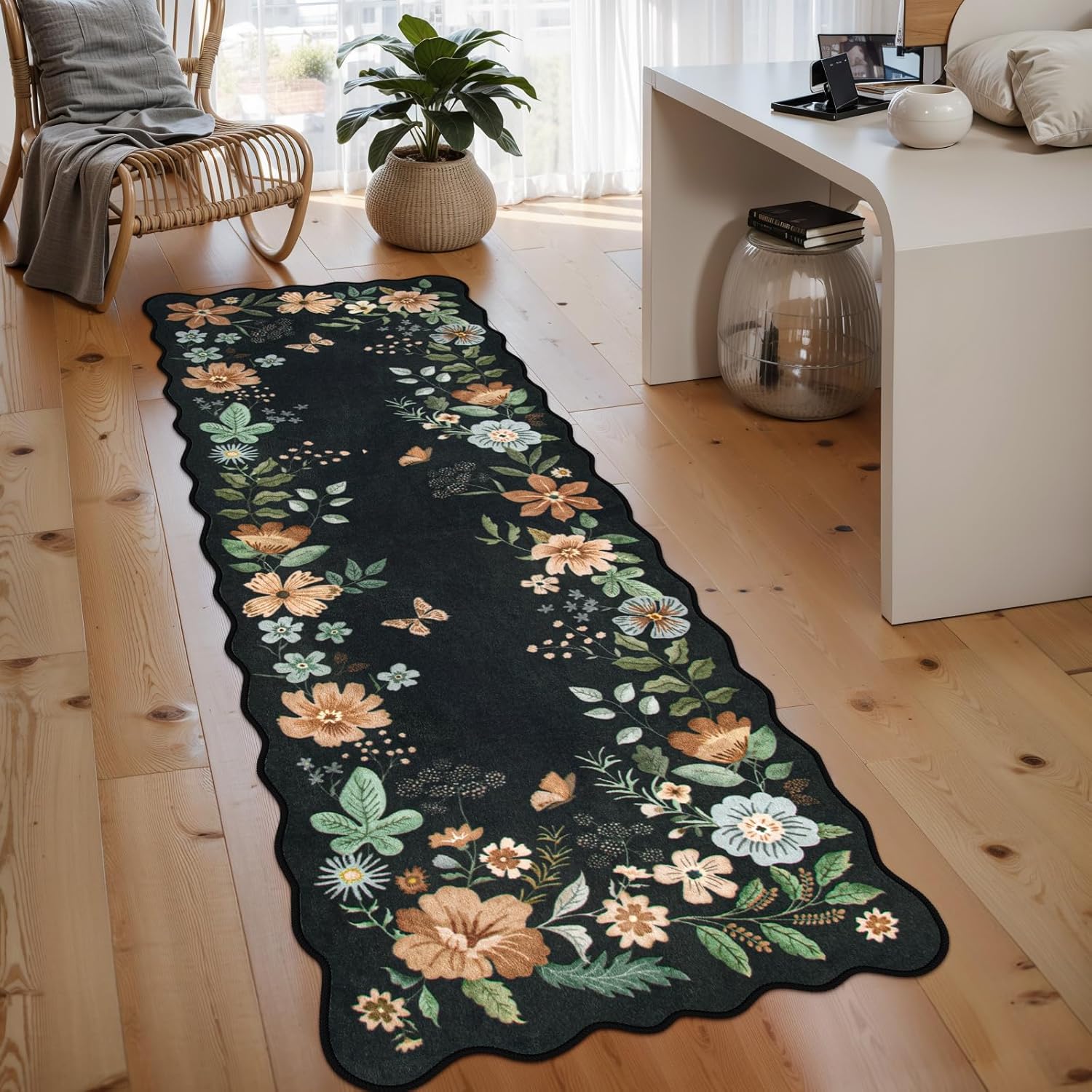 Lahome Floral Kitchen Runner, 2X6 Washable Runner Rug Non Slip Ultra-Thin, Soft Hallway Rug Stain Resistant Boho Small Low-Pile Carpet for \u200ELaundry Bathroom Bedroom(2x6ft,Black\/Grey)