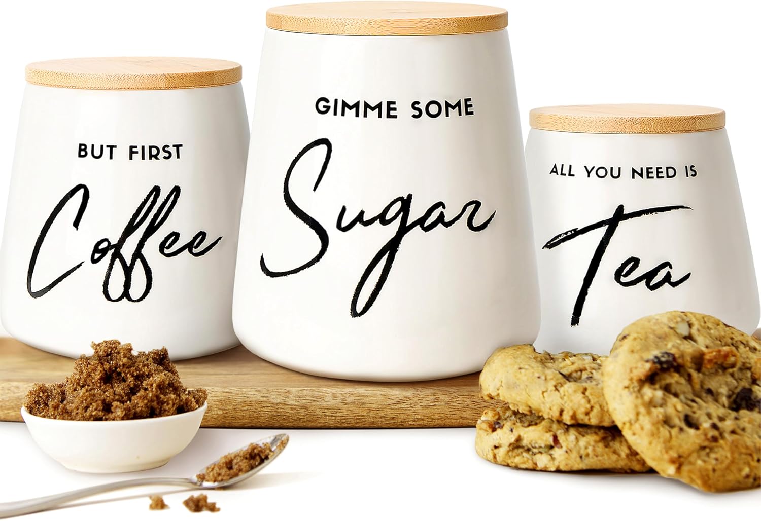 FIFTH FORK Coffee Tea and Sugar Ceramic Canister Set - 3-Piece Airtight Kitchen Canisters for Countertop - Coffee Bar Container Set