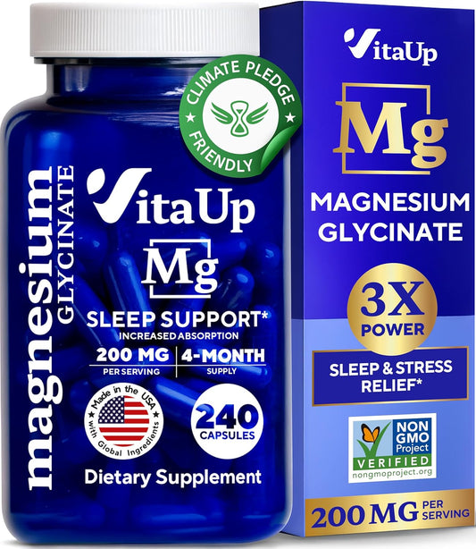 VitaUp Magnesium Glycinate 200mg - USA Made Magnesium Supplement for Sleep, Heart, Bones, Metabolism Support - High Absorption Magnesium Bisglycinate Capsules - 240 Vegan Chelated Capsules