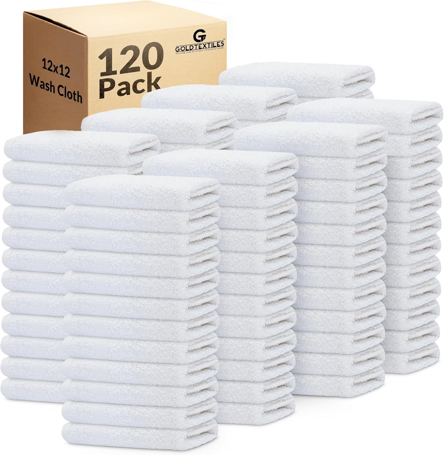 GOLD TEXTILES 120 Pack Economy White Washcloths Set (12x12 inches) - Cotton Blend Commercial Grade Cleaning Rags, Quick Drying & Soft Face Cloths, Fingertip Towels for Bathroom, Spa, Gym, and Kitchen
