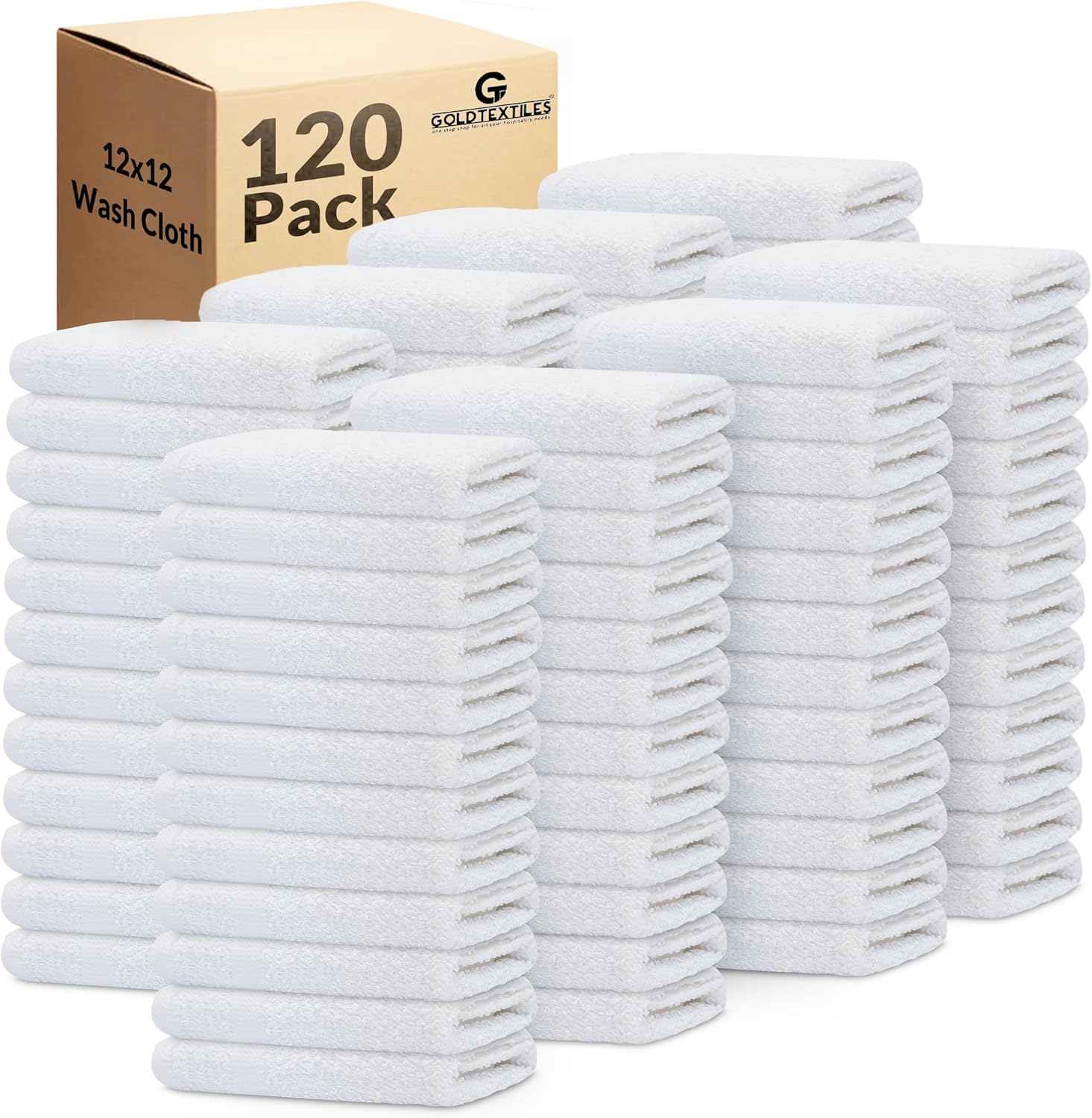 GOLD TEXTILES 120 Pack Economy White Washcloths Set (12x12 inches) - Cotton Blend Commercial Grade Cleaning Rags, Quick Drying & Soft Face Cloths, Fingertip Towels for Bathroom, Spa, Gym, and Kitchen