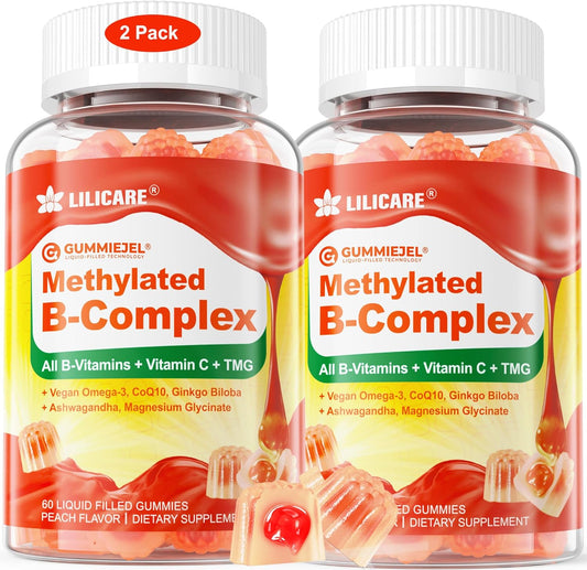 LILICARE Women's & Men's Super Vitamin B Complex Filled Gummies, Methylated w\/Omega 3, Magnesium,CoQ10, Ashwagandha,Vitamin C, TMG, Sugar Free - 60 Count (Pack of 2)