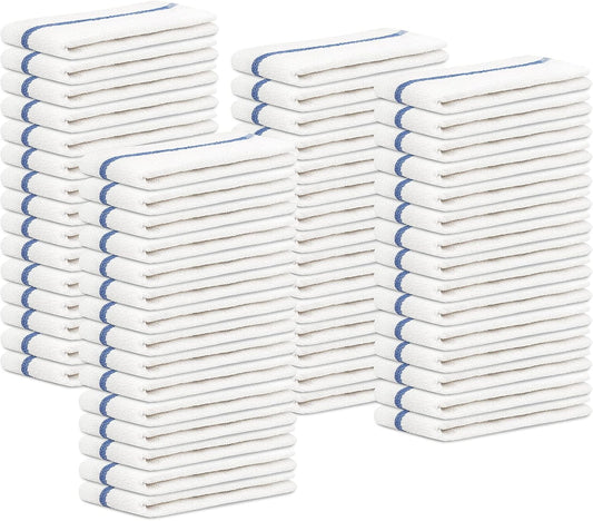 STF Linen Bar Mops Blue Stripe Pack of 60 Kitchen Towels 16x19 Multi-Purpose for Home, Restaurant and Cleaning White Absorbent Washcloth Dishcloths Sets, Reusable Dish, Cloths Rags