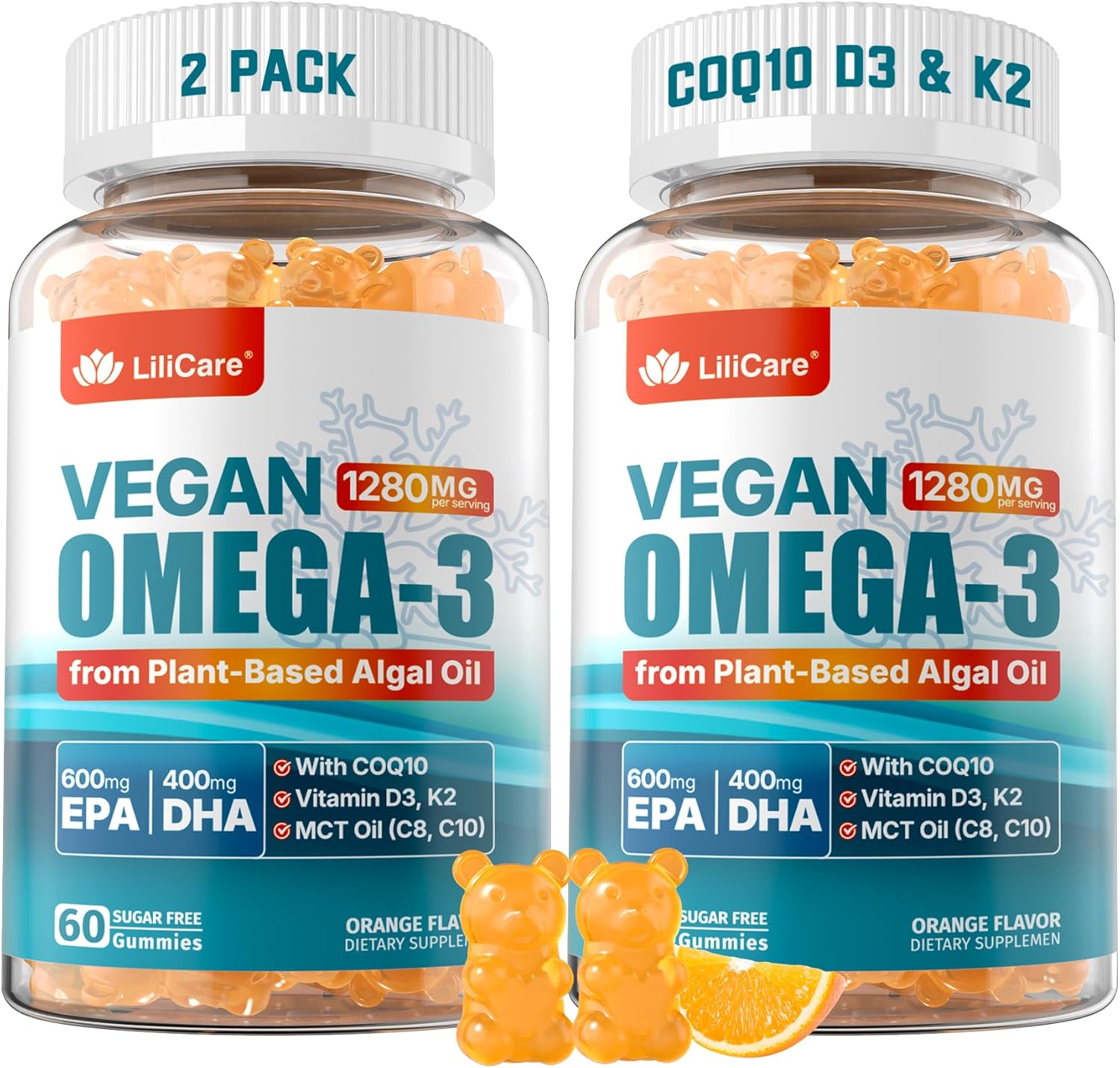 Vegan Omega-3 Gummies 1280mg + COQ10+ Vitamin D3 K2 (MK7), Omega 3 Fish Oil Alternative for Adults w\/EPA 600mg & DHA 400mg & MCT Oil, No Fish Taste from Marine Algae, for Brain, Eye, Immunity, 2 Pack
