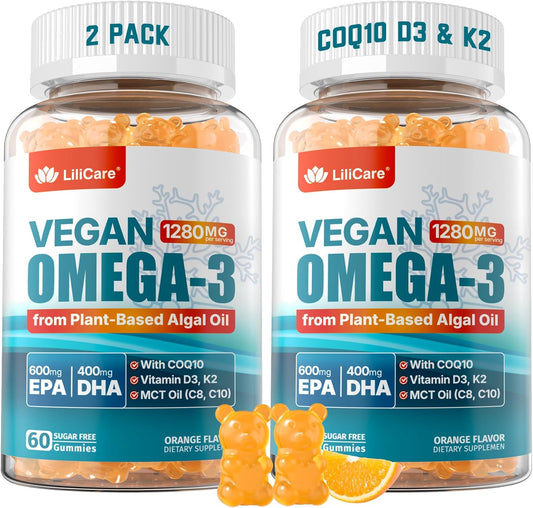 Vegan Omega-3 Gummies 1280mg + COQ10+ Vitamin D3 K2 (MK7), Omega 3 Fish Oil Alternative for Adults w\/EPA 600mg & DHA 400mg & MCT Oil, No Fish Taste from Marine Algae, for Brain, Eye, Immunity, 2 Pack
