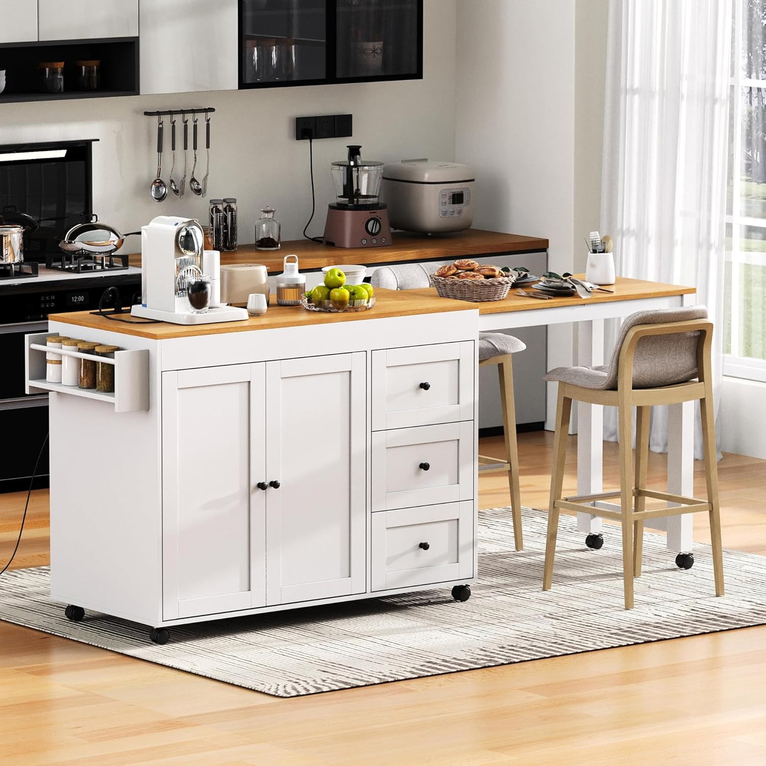 THINK 30 74.8" Kitchen Island, with Extendable Dining Table, Kitchen Storage Cart with 3 Drawers, Power Outlet, Rolling Island on Wheels with Spice Rack and 2 Door Cabinet, White