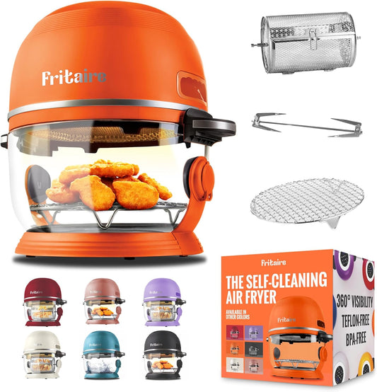 Non Toxic Air Fryer™ - Glass AirFryer 5 Quart w\/ 360 Visibility, Self-Cleaning, 400F Vortex Air Fryer for Even Cooking, BPA-Free Teflon Free, 9-in-1 Functions, Rotisserie, Roast, Bake, Orange