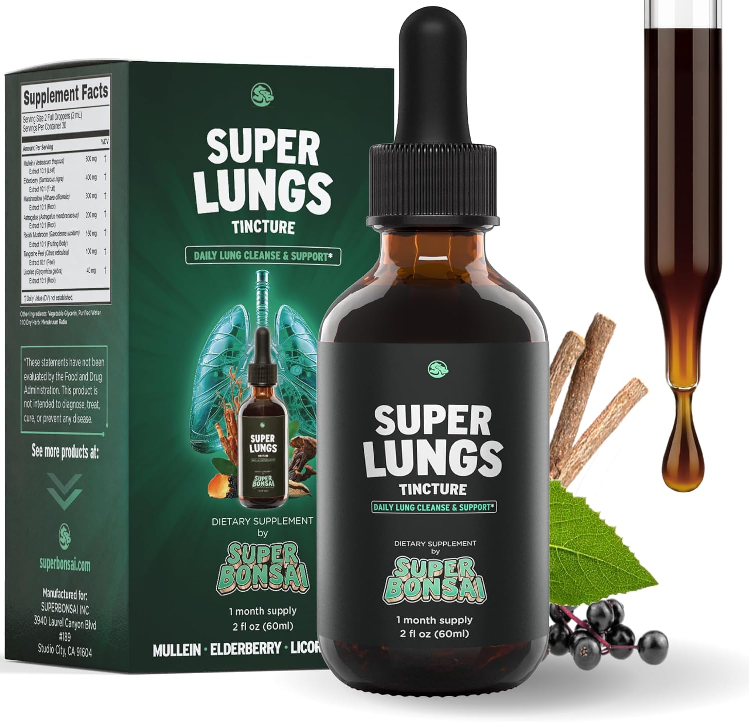 SuperBonsai Super Lungs Mullein Drops \u2013 Herbal Lung Support Tincture with Mullein Leaf Extract Elderberry Reishi Marshmallow Root \u2013 Supports Clear Breathing & Wellness \u2013 2 oz