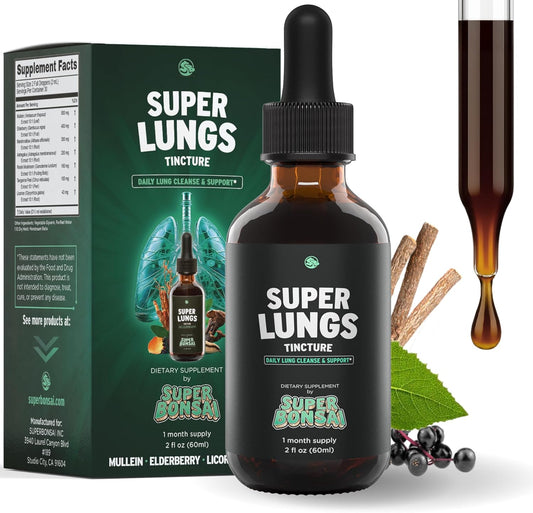 SuperBonsai Super Lungs Mullein Drops \u2013 Herbal Lung Support Tincture with Mullein Leaf Extract Elderberry Reishi Marshmallow Root \u2013 Supports Clear Breathing & Wellness \u2013 2 oz
