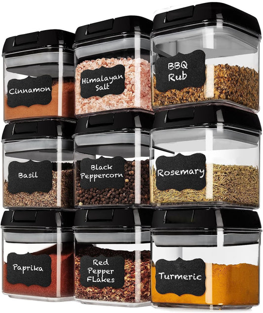 Shazo 9 PC Airtight Food Storage Containers - BPA Free Clear Plastic Snack & Spice Containers with Easy Lock Lids - Kitchen and Pantry Organization for Herbs, Coffee, Tea - 0.5L \/ 2.1 Cups