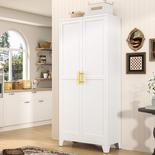 PAOFIN 71" Tall Metal Pantry Storage Cabinet with Doors and 4 Adjustable Shelves, White Kitchen Food Pantry Cabinets, Tall Freestanding Cupboard for Kitchen, Dining Room or Living Room