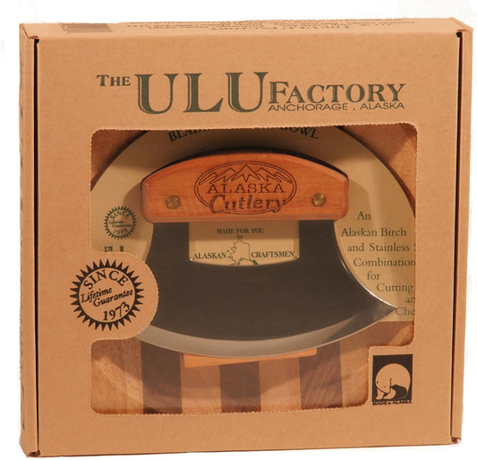 Alaska Ulu Knife Set Curved Knife with Wood Handle plus Chopping Board Mezzaluna Made in Alaska USA Ulu Factory