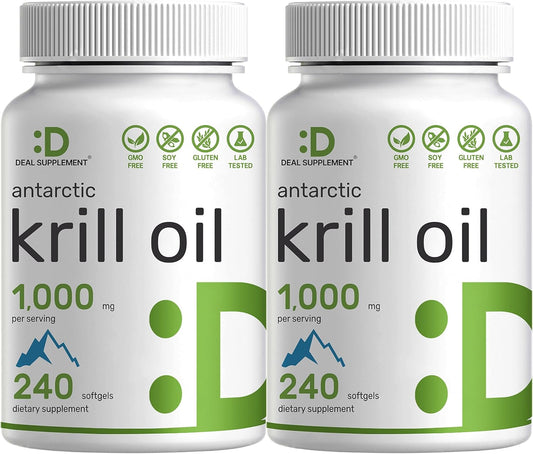 DEAL SUPPLEMENT 2 Pack Antarctic Krill Oil, 1,000mg Per Serving, 480 Softgels – Mercury Free, No Fishy Taste – Rich in Omega-3s, EPA, DHA, Astaxanthin, & Phospholipids – Non-GMO, No Gluten