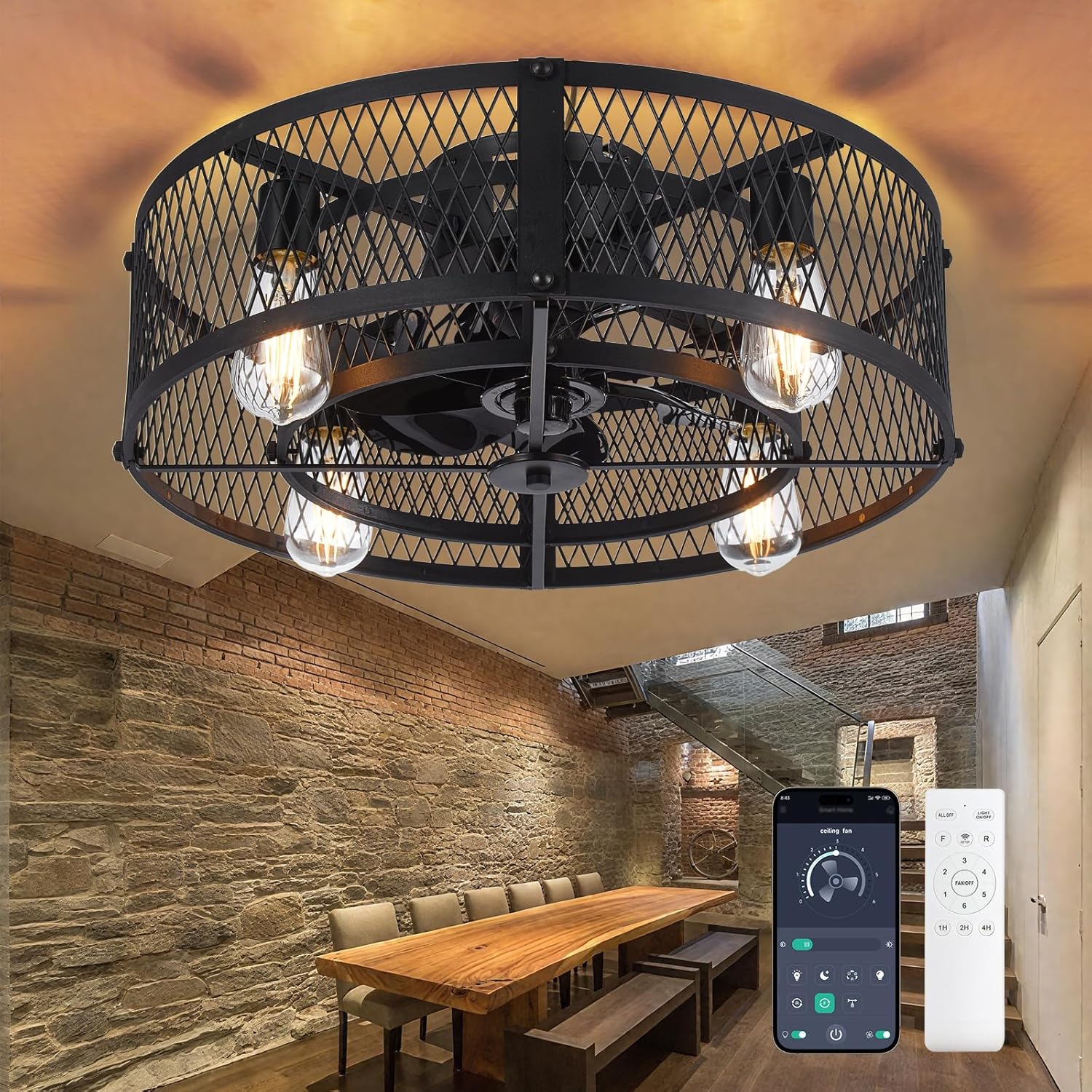Depuley Flush Mount Ceiling Fan: 20" Caged Ceiling Fans with Lights and Remote App Control for Kitchen Bedroom Farmhouse - Rustic Low Profile Ceiling Fandelier Lights Reversible 6 Speed Timer Black