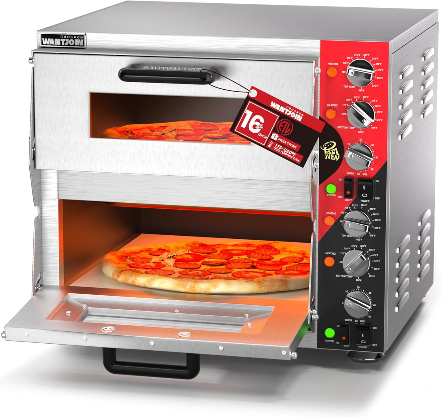 WantJoin 16 Inch Indoor Pizza Oven Countertop - ETL Listed, Commercial Double Decker Electric Pizza Ovens with Pizza Stone, 60-Min Ring Timer, for Restaurant and Home, 3200W