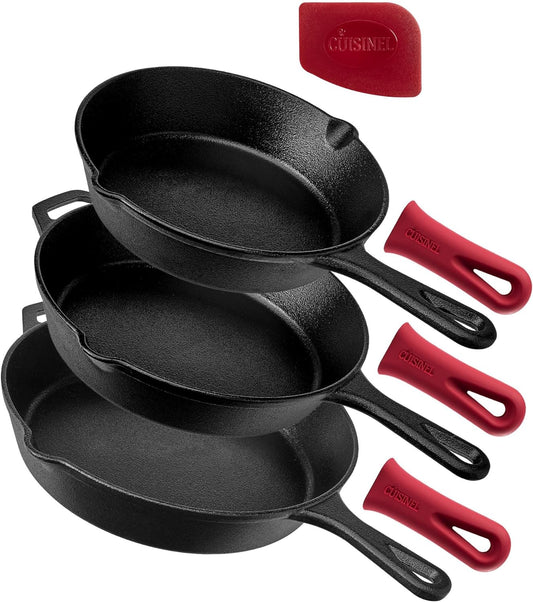Cuisinel Cast Iron Skillet Set - 8" + 10" + 12"-Inch Pre-Seasoned Frying Pans + Silicone Handle Grip Covers - Use Indoor\/Outdoor, Oven, Grill, Stove, BBQ, Fire, Induction - Kitchen\/Camping Cookware