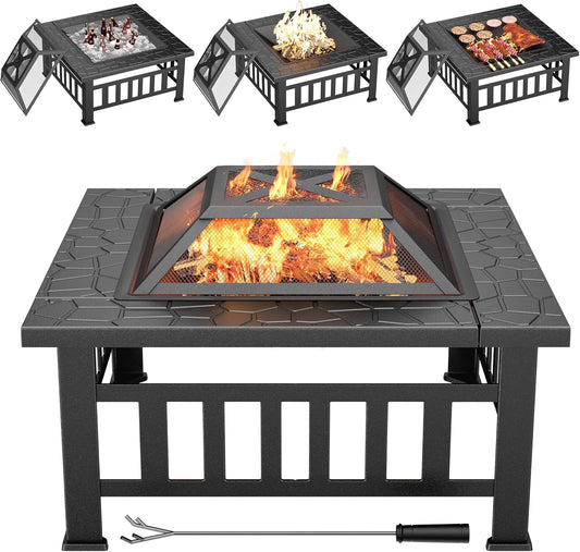 GUNJI 32" Outdoor Fire Pit Table - Heavy-Duty Metal, Waterproof Cover, for Warmth & Grilling in Patio/Camping