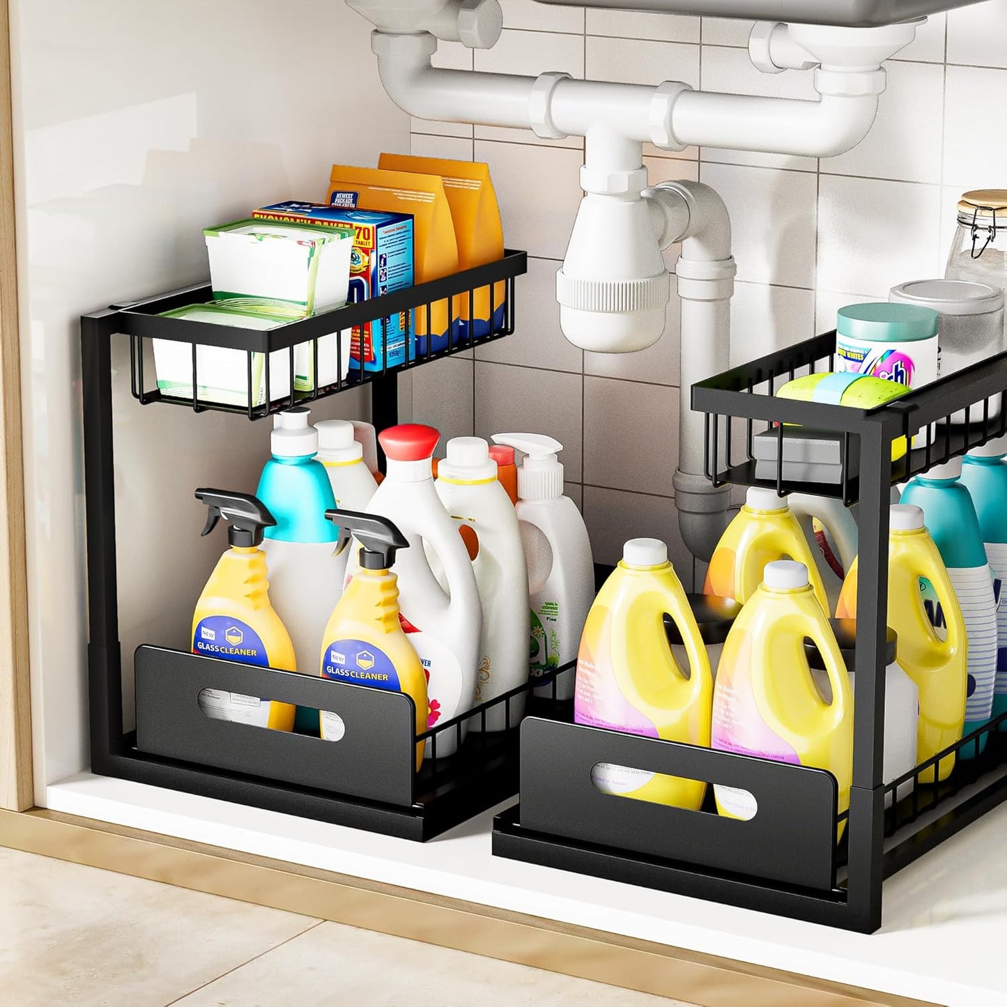 VUSIGN Under Sink Organizer and Storage, Slide Out Cabinet Organizer, Pull Out Sink Shelf for Kitchen Bathroom Laundry, 2 Pack Black