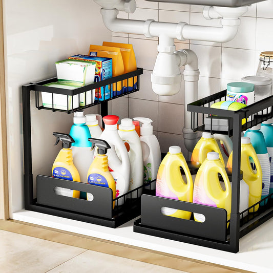 VUSIGN Under Sink Organizer and Storage, Slide Out Cabinet Organizer, Pull Out Sink Shelf for Kitchen Bathroom Laundry, 2 Pack Black