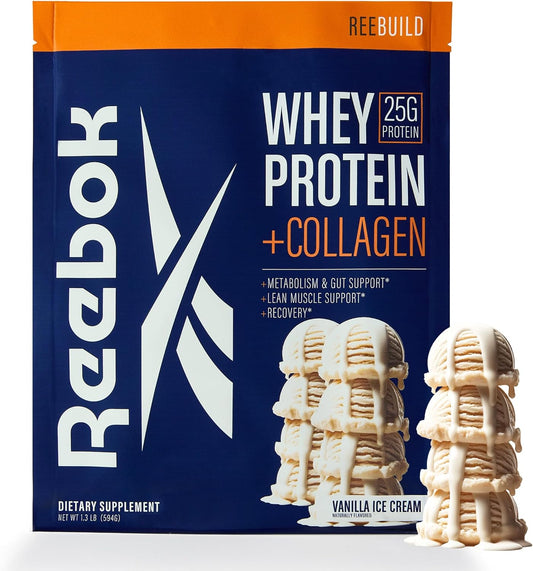Reebok Whey Protein Powder + Collagen Peptides | 25g Protein with 9 Essential Amino Acids | Muscle Recovery, Joint & Gut Support | Informed-Sport Certified | ReeBuild Vanilla Ice Cream Flavor, 1.3 lb