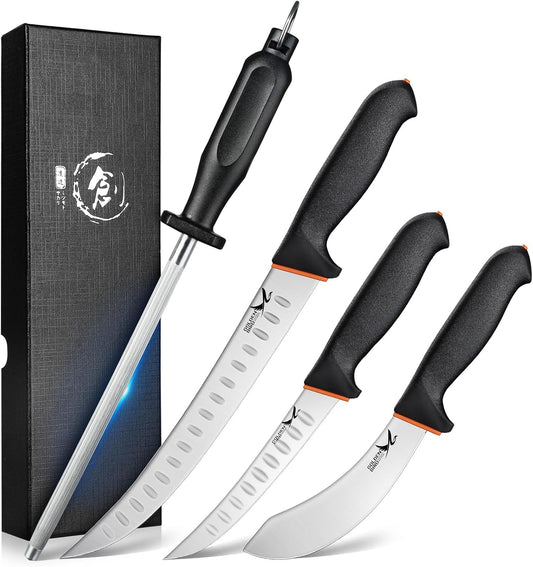 Golden Bird Butcher Knife Set - 4 Piece Professional BBQ Knife Set Include 6" Boning, 6" Skinning, 10" Butcher Breaking Knives & 8" Sharpener Rod