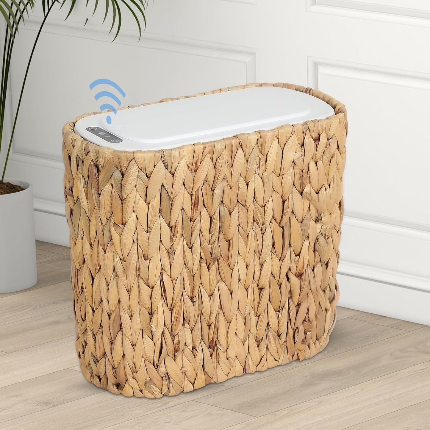 Trongee Boho Kitchen Trash Can with Lid,3.5 Gallon Automatic Small Rattan Trash Can,Slim Wicker Motion Sensor Garbage Can and Hamper 2 in 1 for Bathroom,Narrow Waste Basket for Office, Living Room