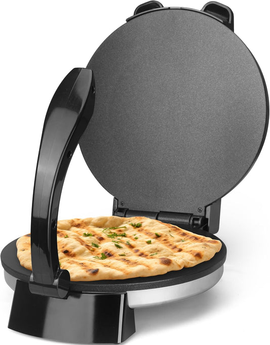 Party Dessert 10 inch Electric Tortilla Press Maker, Roti Maker, Stainless Steel Housing, Non Stick Cooking Surface, Temperature Adjustable