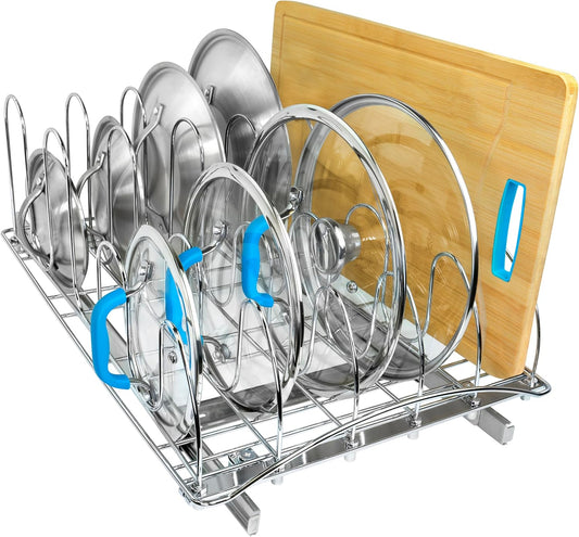 LYNK PROFESSIONAL® Pull Out Pot Lid and Cookie Sheet Organizer Rack for Cabinet - Lifetime Ltd. Warranty - Sliding Kitchen Organizers \u2013 Pans, Lids, and Tray Storage - 14W x 21D, Extra-Large, Chrome