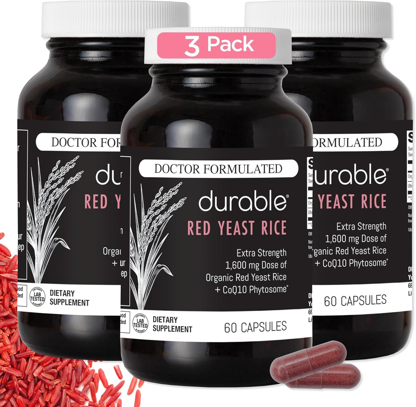 Durable RED Yeast Rice \u2013 Organic 1,600 mg Extra Strength + CoQ10 Phytosome \u2013 Supports Healthy Cholesterol, Heart, Lipids & Circulation \u2013 Doctor Formulated, Non-GMO, Vegan, Made in USA (180 Capsules)