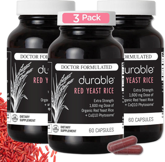 Durable RED Yeast Rice \u2013 Organic 1,600 mg Extra Strength + CoQ10 Phytosome \u2013 Supports Healthy Cholesterol, Heart, Lipids & Circulation \u2013 Doctor Formulated, Non-GMO, Vegan, Made in USA (180 Capsules)
