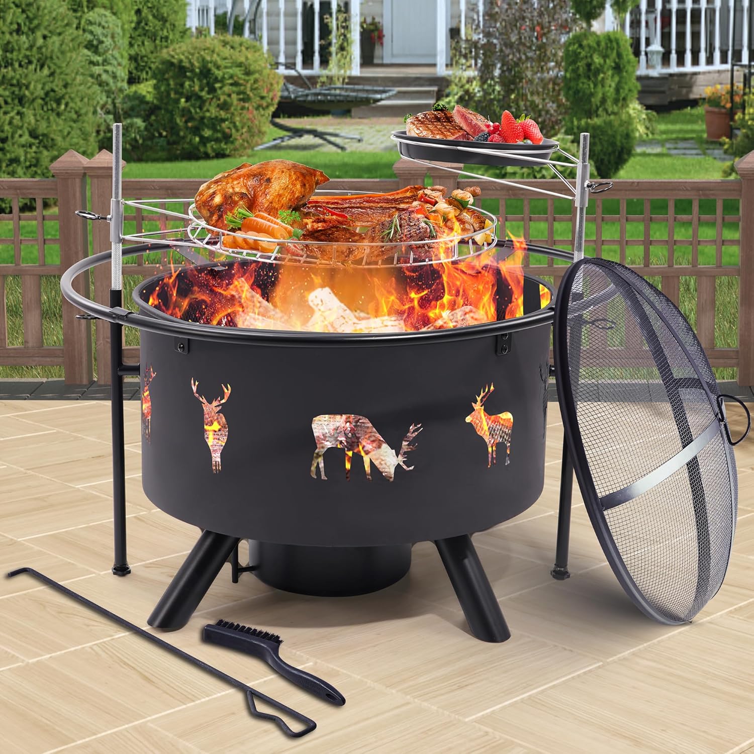 NATURAL EXPRESSIONS 32 Inch Large Fire Pit with 2 Grills, Outdoor Wood Burning Fire Pit with Cooking Grate, Lid, Poker and Round Waterproof Cover for Patio, Ourside, Bonfires, Picnic, Party.