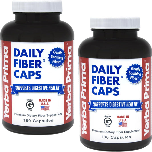 Yerba Prima Daily Fiber Formula - 180 caps (Pack of 2) - Soluble & Insoluble Dietary Fiber Supplement - Colon Cleanse - Gut Health - Vegan, Non-GMO, Gluten-Free