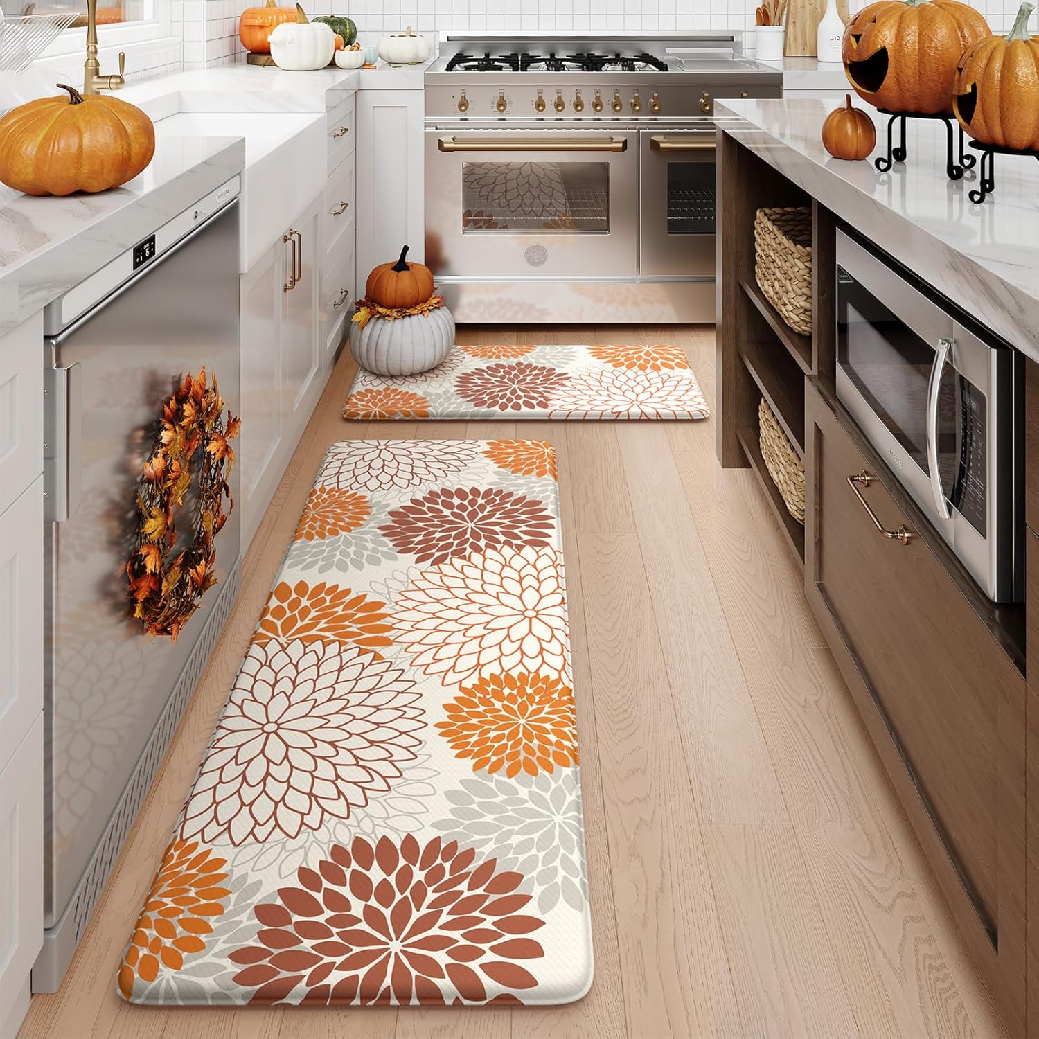 KIMODE Kitchen Mats for Floor Anti Fatigue, 17"x47"+17"x29" Floral Kitchen Floor Mats, Fall Farmhouse Kitchen Rugs Non Slip Cushioned, Comfort Standing Desk Mat for Sink, Laundry, Desk Orange
