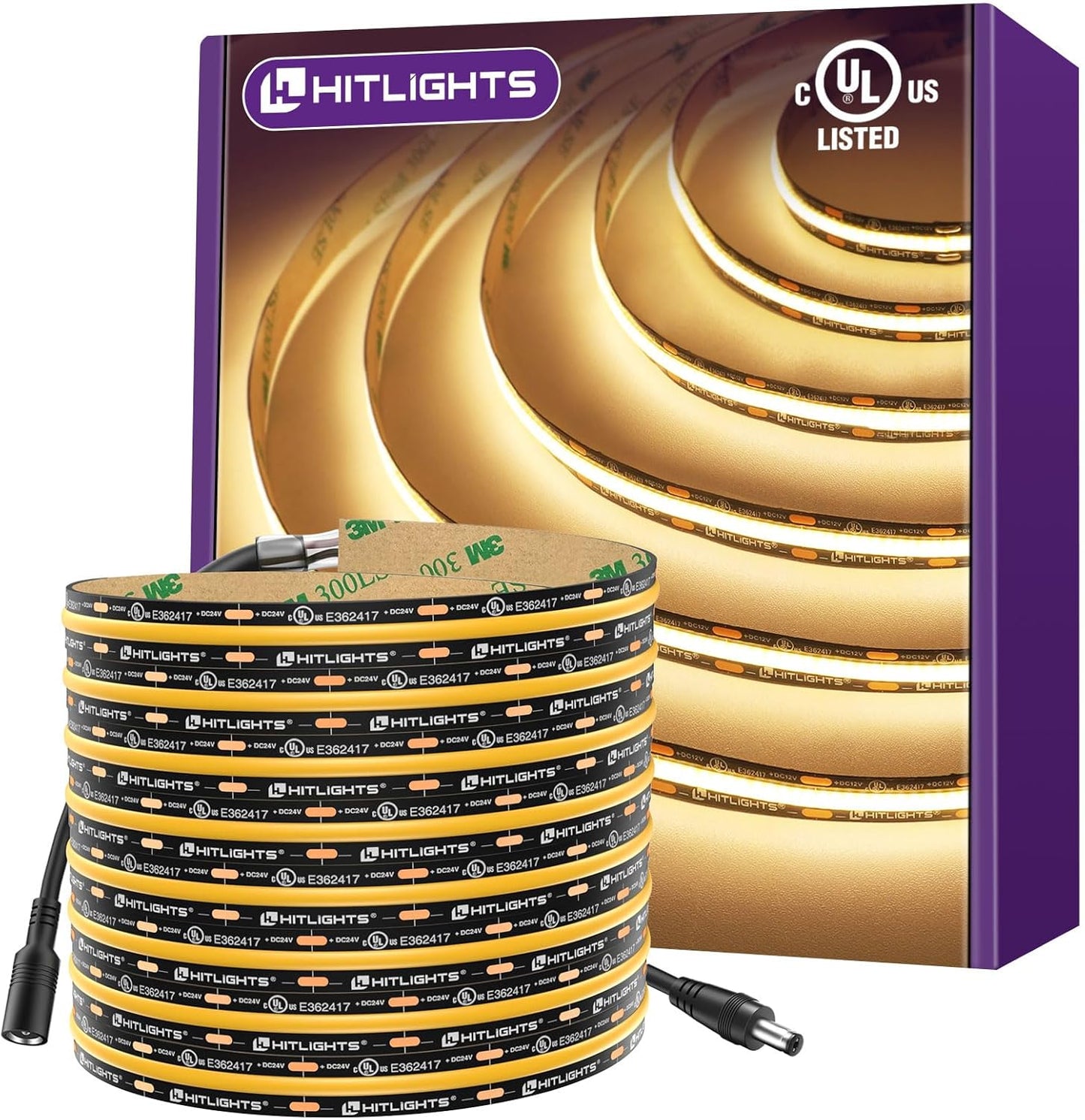 HitLights COB LED Strip Lights Warm White 3000K, 16.4ft Premium 12V Tape Light High Density, 2400 LEDs, 305+ LM\/FT, CRI 90+, IP30, Lighting for Kitchen, Cabinets, UL Listed (Power Source Not Included)