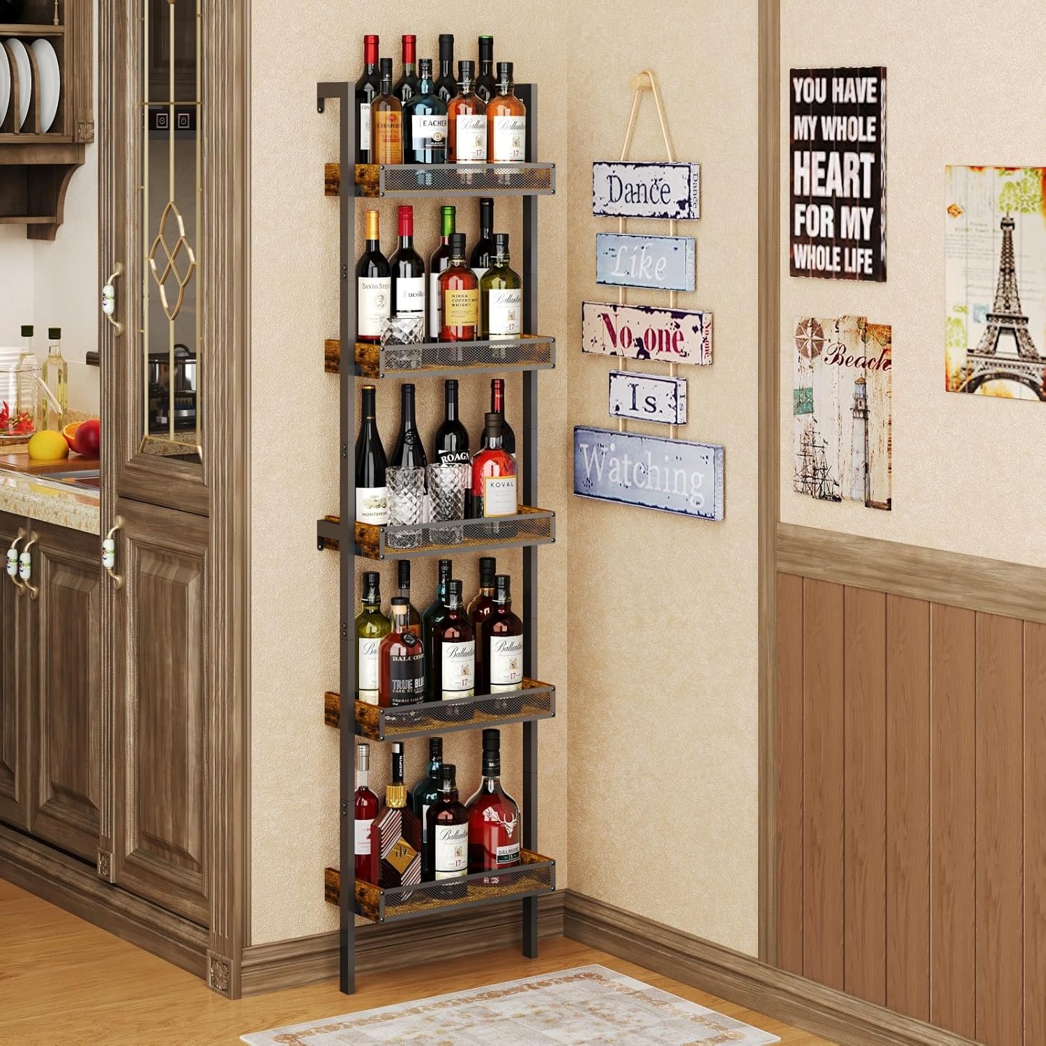 5-Tier Freestanding Wine Racks: 50 Bottles Wine Rack Shelf Wall Mounted with Fences, Wines Bottle Holder Display Shelf, Liquor Storage for Kitchen, Dining Room, Bar, Wood, 17.28''L x 7.95''W x 68.5''H
