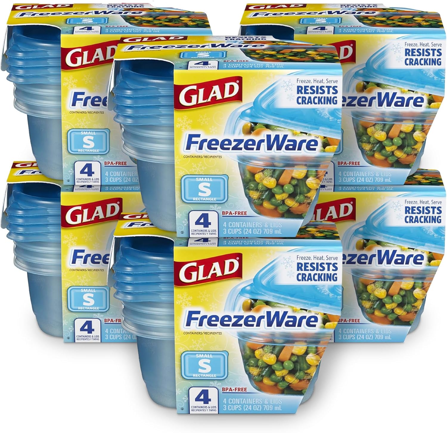 Glad GladWare Freezerware Food Storage Containers - Small Rectangle - Meal Container Holds up to 24 Ounces of Food - Lock Tight Seal, 4 Count - 6 Pack