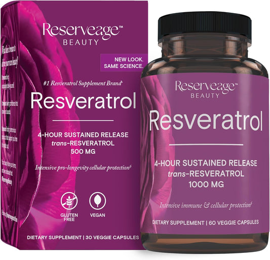 Reserveage Beauty, Resveratrol 1000 mg, Antioxidant Supplement for Heart Health and Immune Support, Supports Healthy Aging and Immune System, Paleo, Keto, 60 Capsules
