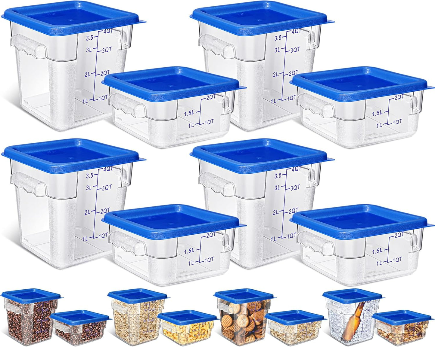 Yungyan 8 Pcs Restaurant Food Storage Containers with Lids Set 2Qt and 4Qt Commercial Restaurant Square Storage Containers Clear Food Cereal Container for Kitchen Freezer (Blue Lids)